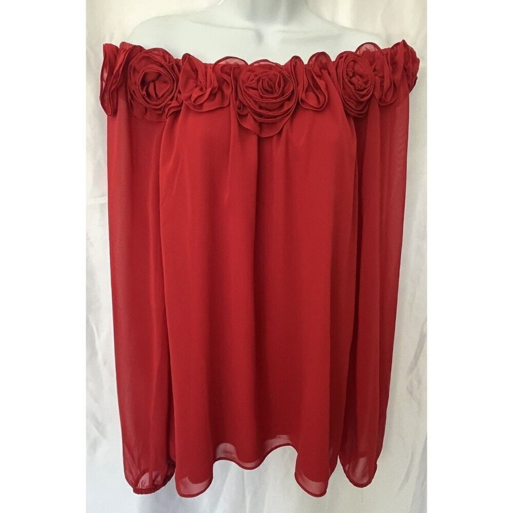 Leslie Fay Flower Rosette Trim Blouse 12 Red Sheer Sexy Romantic Cocktail Party